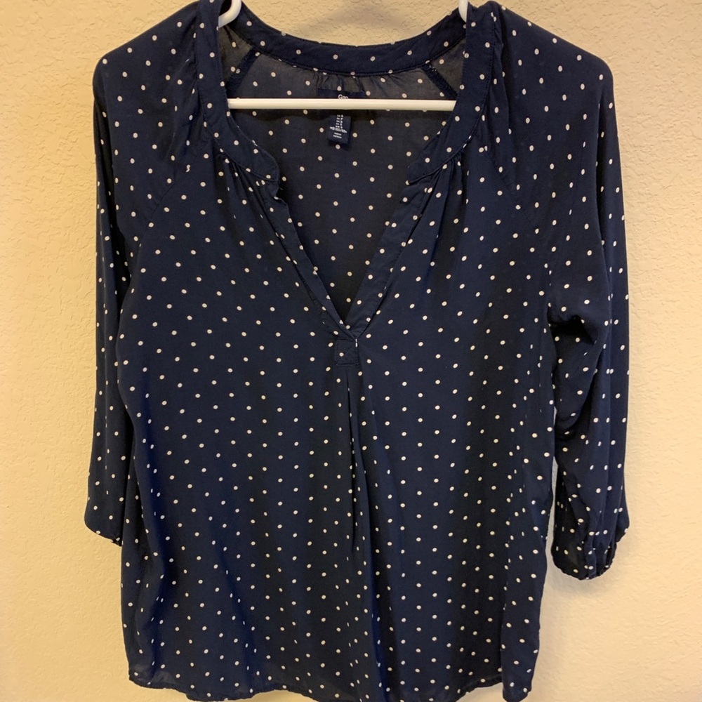 Navy and white polka dot shirt